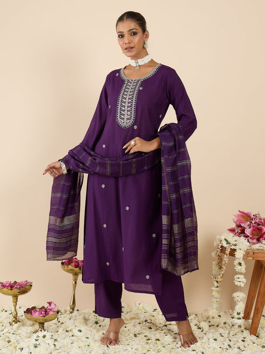 Indo Era Purple Embroidered Straight Kurta Trousers With Dupatta set