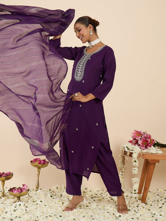 Indo Era Purple Embroidered Straight Kurta Trousers With Dupatta set