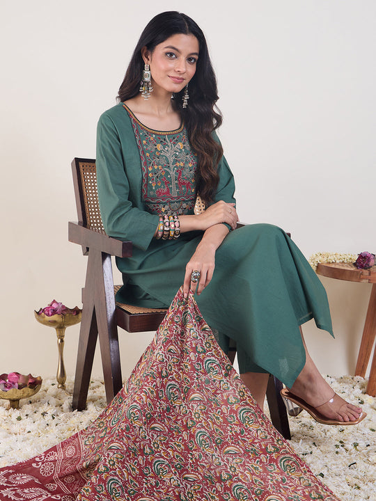 Indo Era Green Embroidered Straight Kurta Trousers With Dupatta set