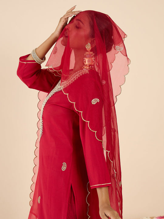 Indo Era Pink Embroidered Straight Kurta Trousers With Dupatta set