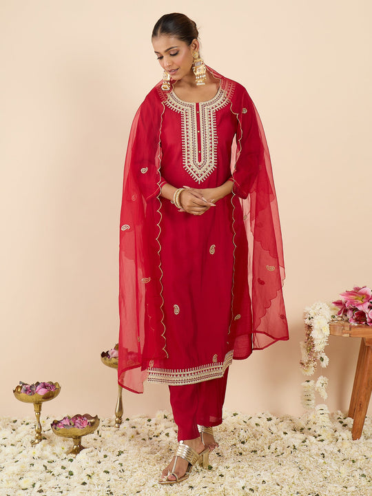 Indo Era Pink Embroidered Straight Kurta Trousers With Dupatta set
