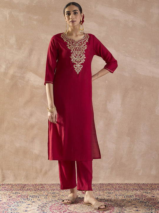 Indo Era Red Embroidered Straight Kurta Trousers Set