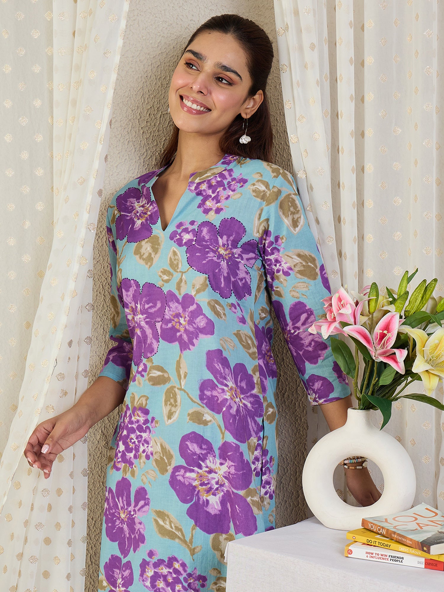 Indo Era Blue Printed Straight Kurta Trousers set