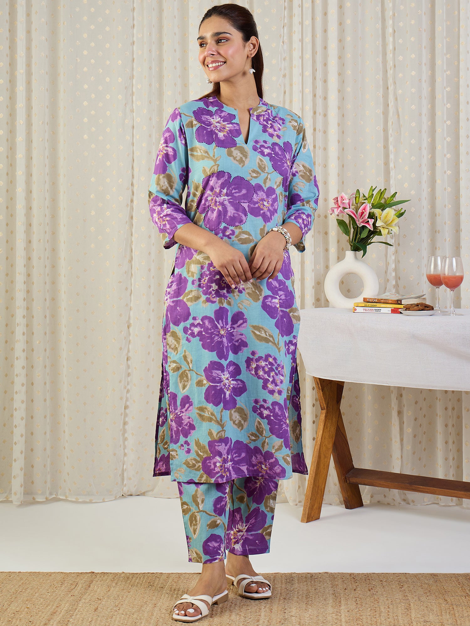 Indo Era Blue Printed Straight Kurta Trousers set