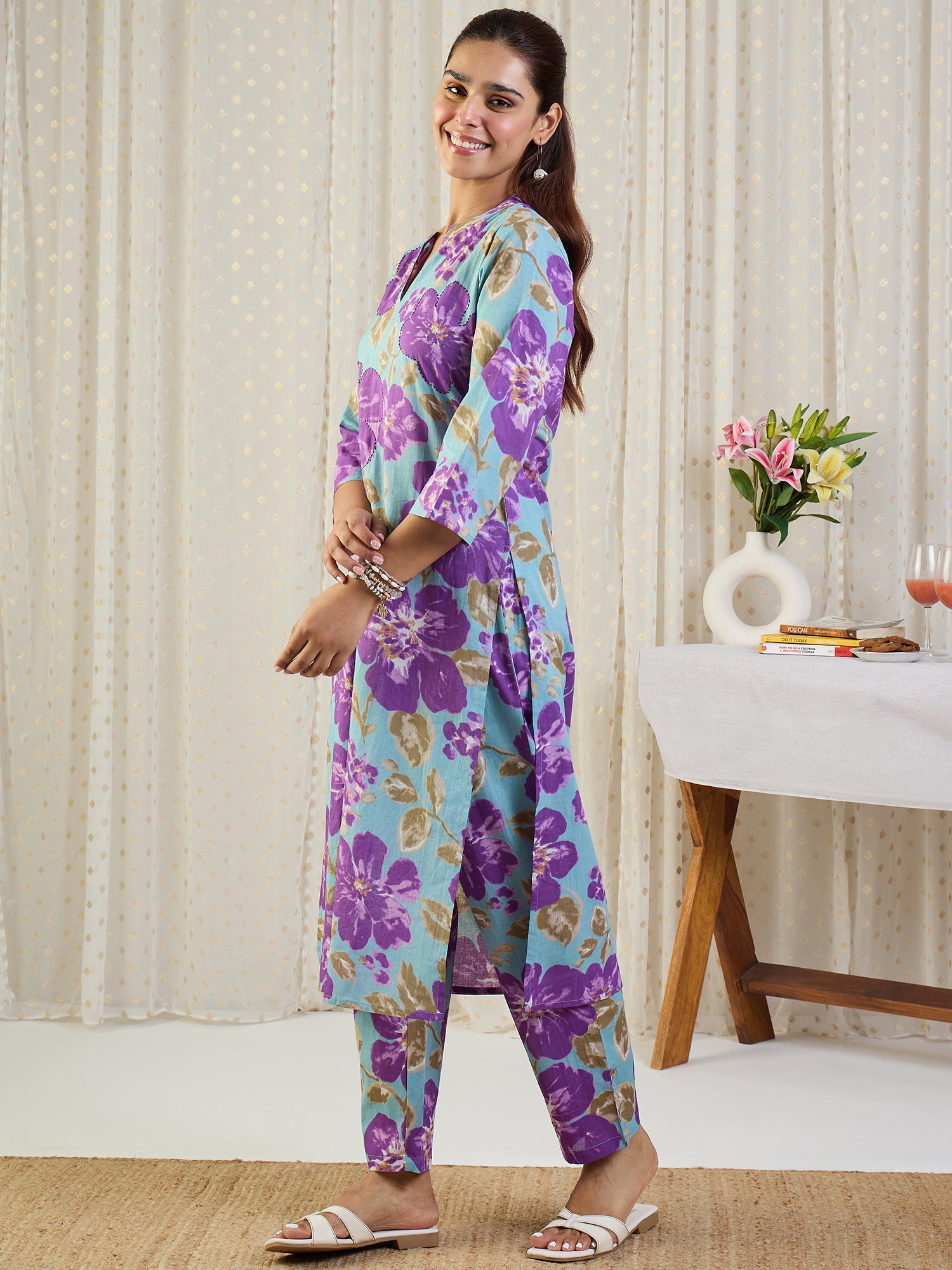 Indo Era Blue Printed Straight Kurta Trousers set