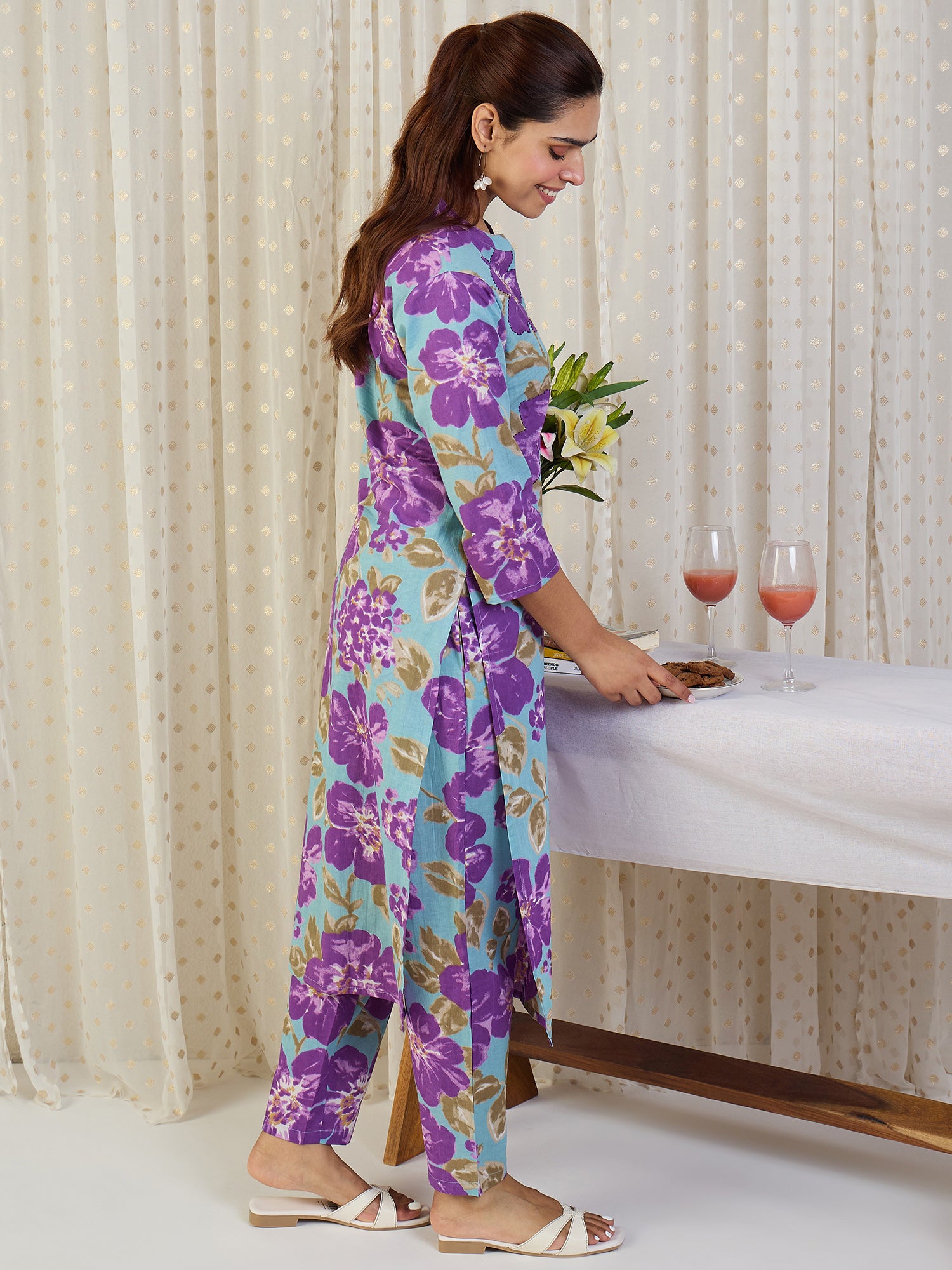 Indo Era Blue Printed Straight Kurta Trousers set