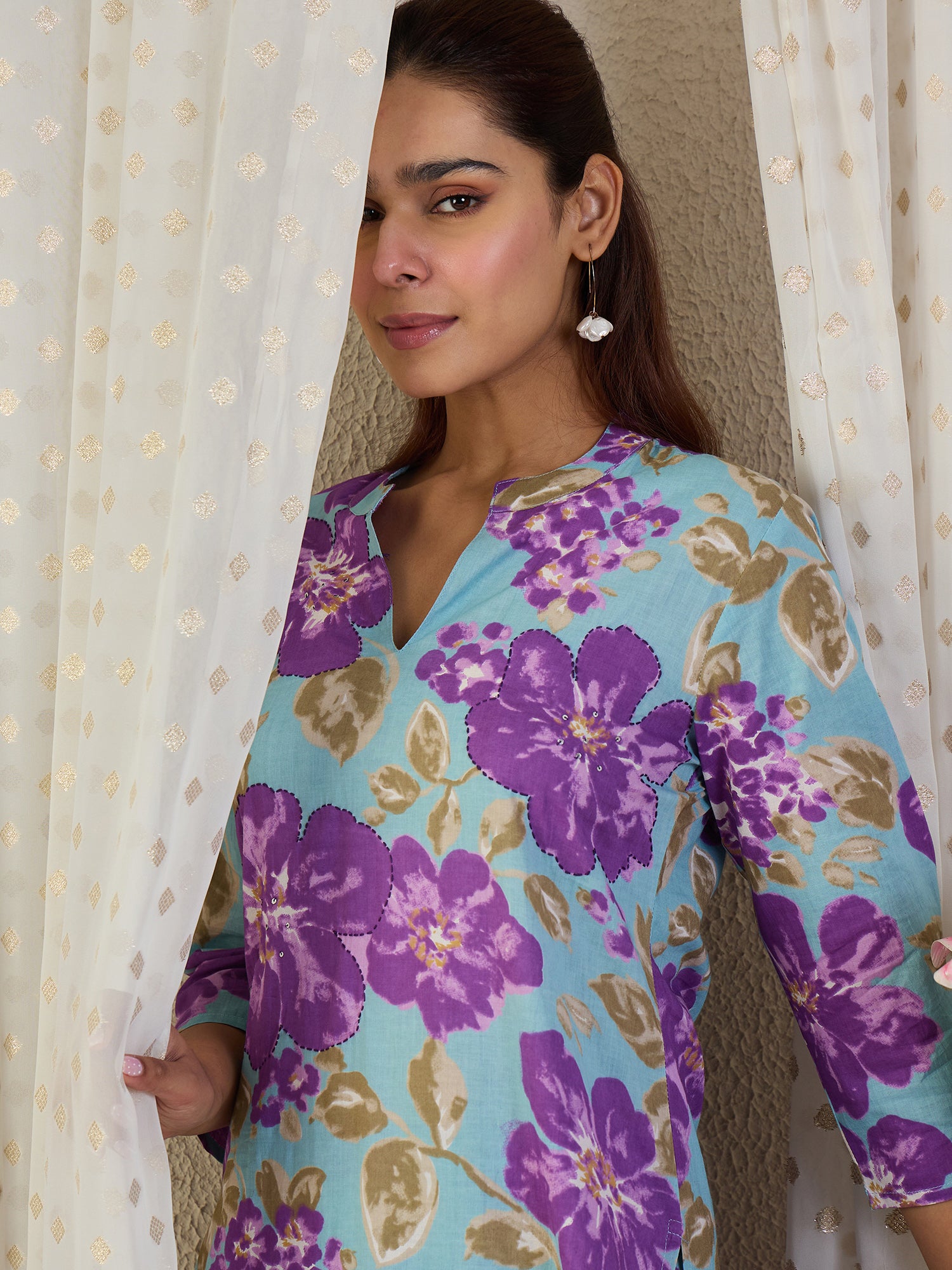 Indo Era Blue Printed Straight Kurta Trousers set