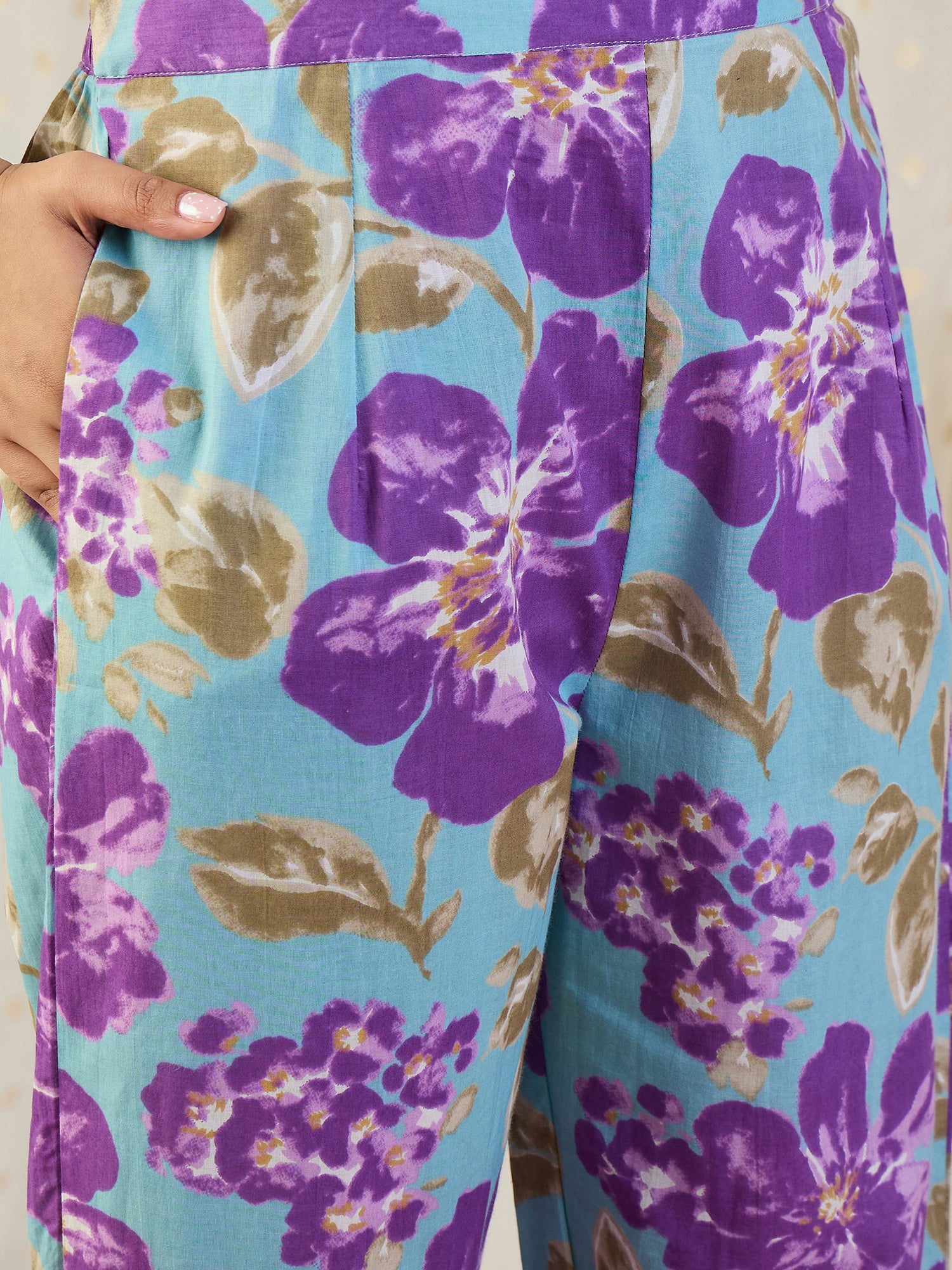 Indo Era Blue Printed Straight Kurta Trousers set