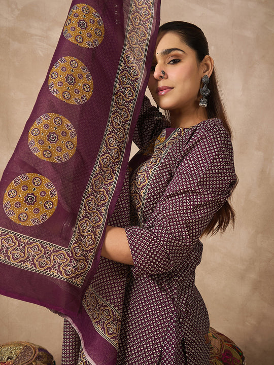 Indo Era Purple Printed Straight Kurta Trousers With Dupatta set
