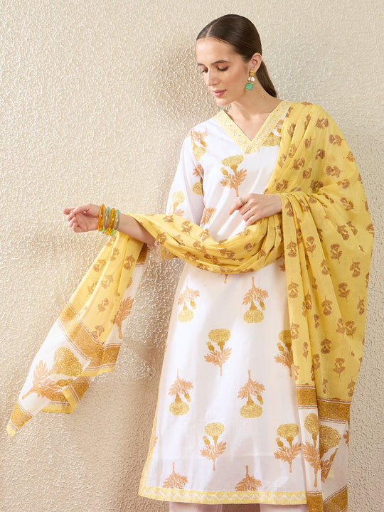 Indo Era Off White Printed Straight Kurta Trousers With Dupatta Set