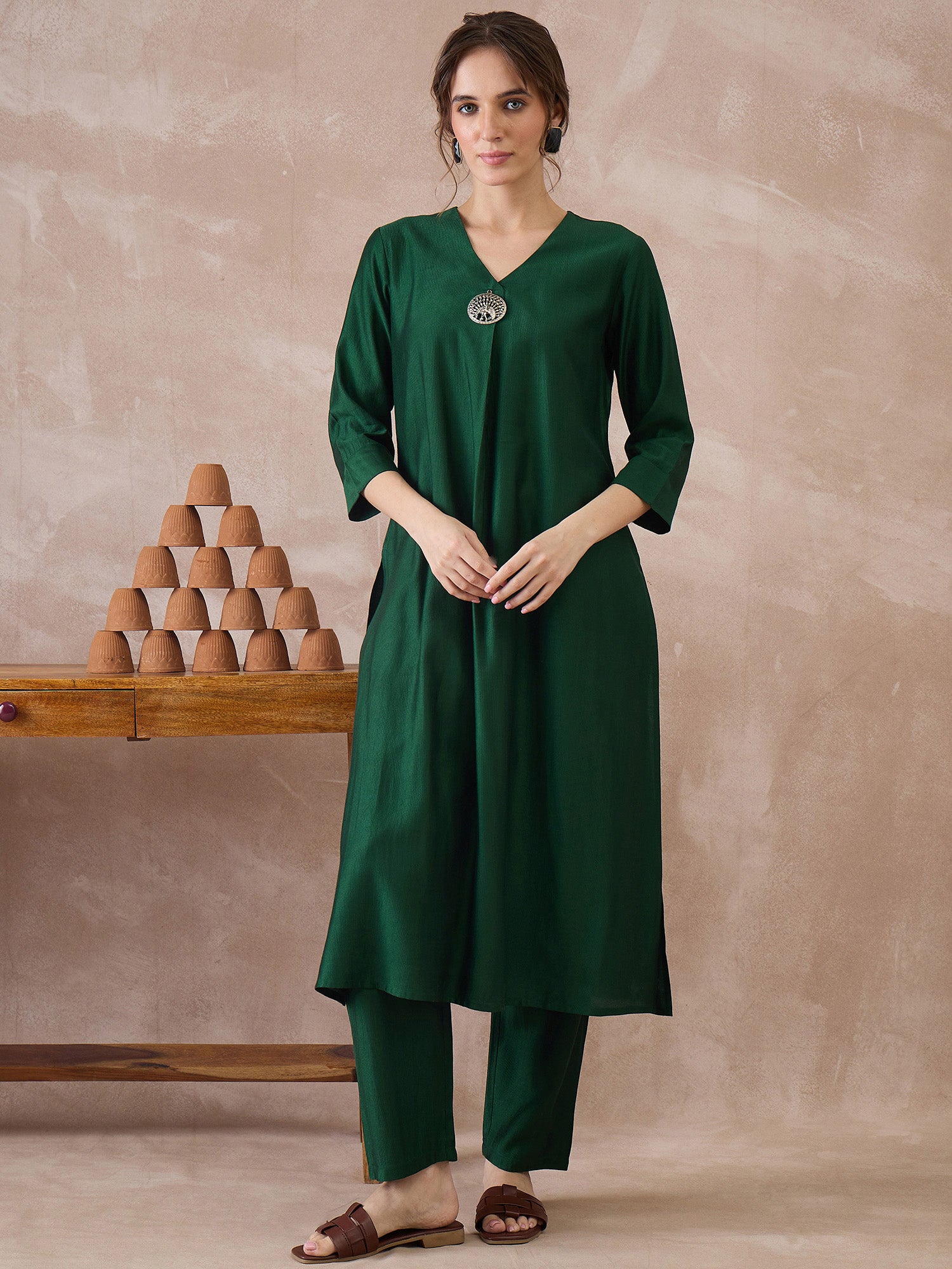 Indo Era Green Solid A-Line Kurta Trousers Set
