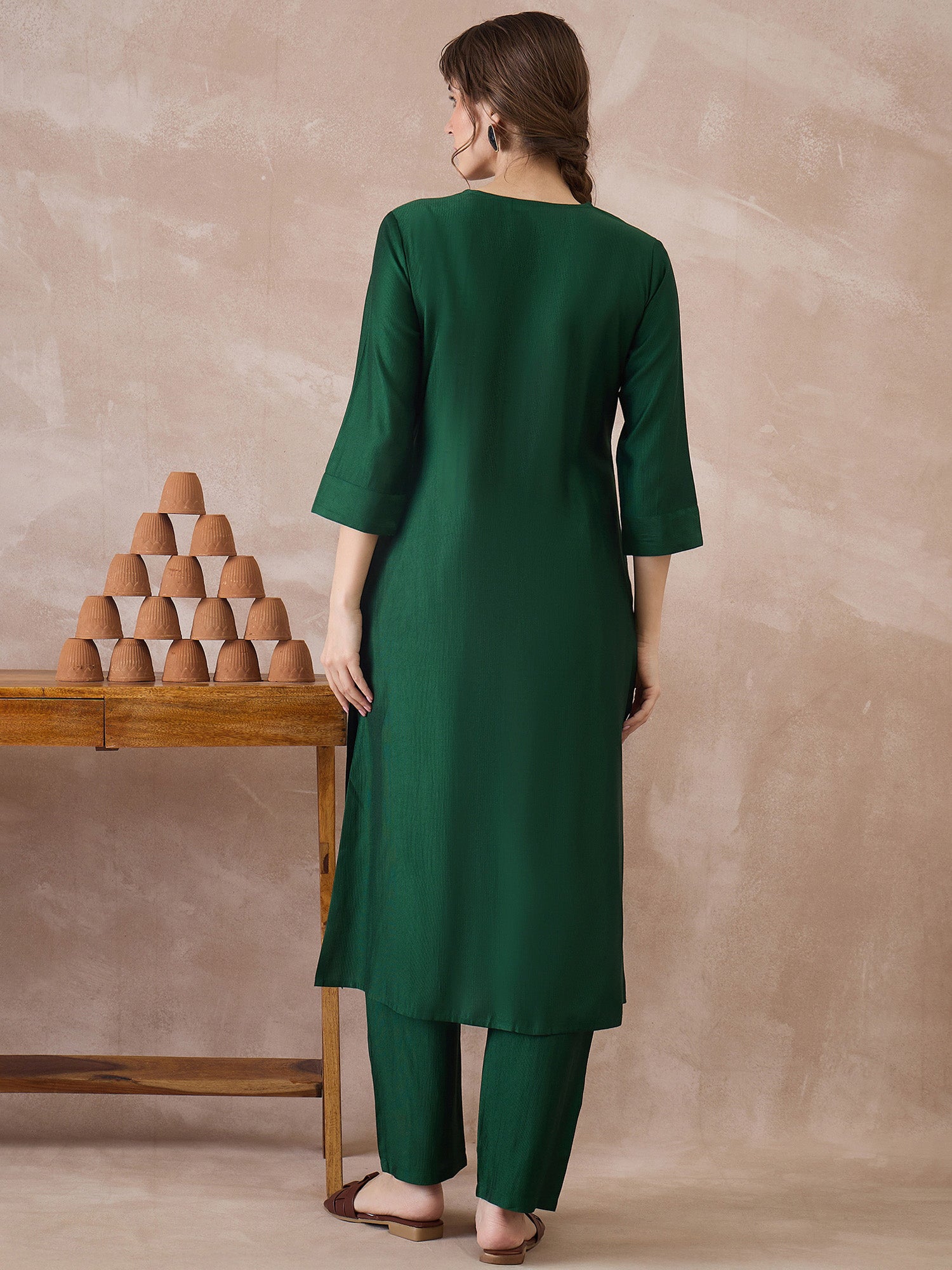 Indo Era Green Solid A-Line Kurta Trousers Set