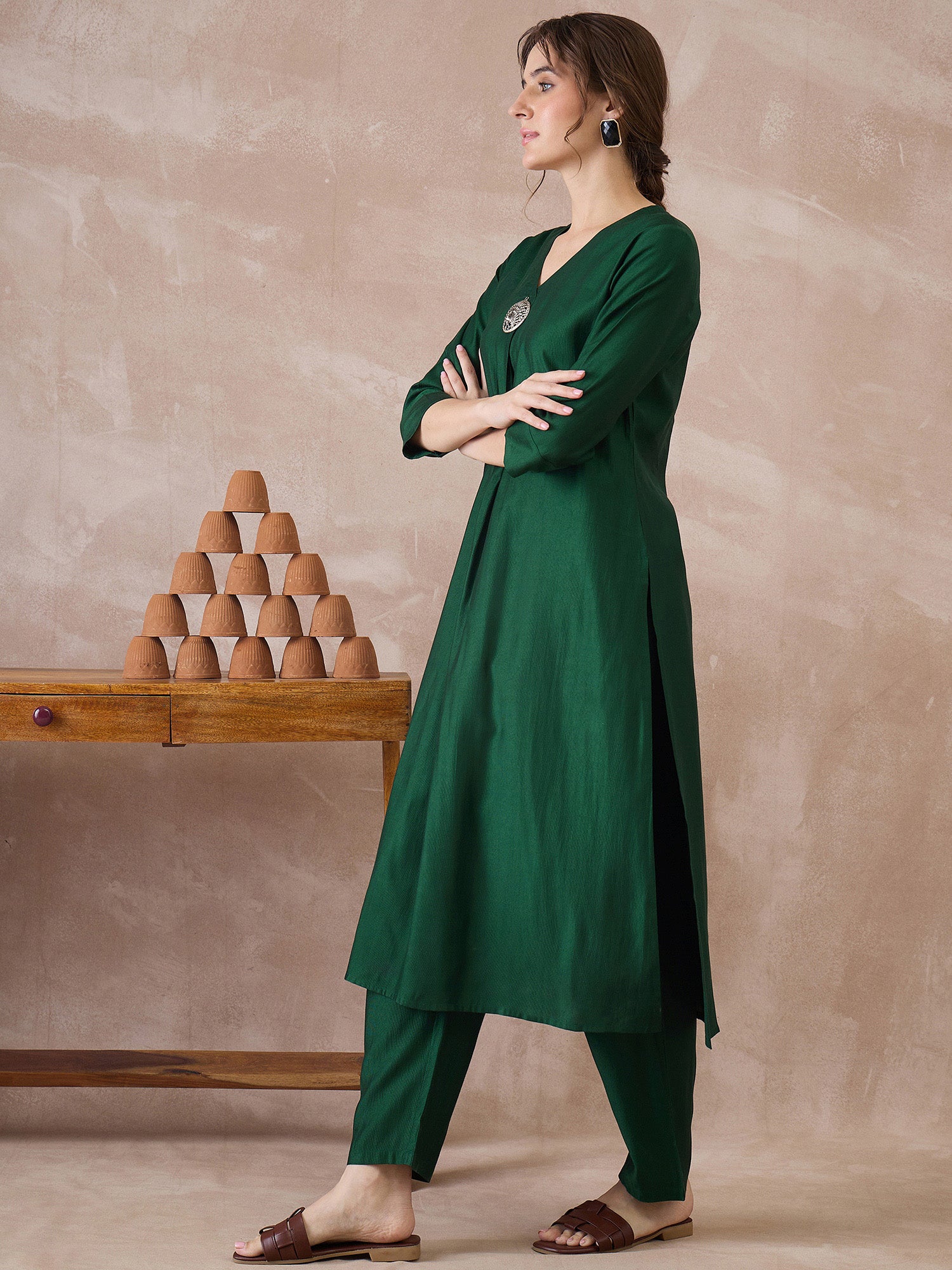 Indo Era Green Solid A-Line Kurta Trousers Set