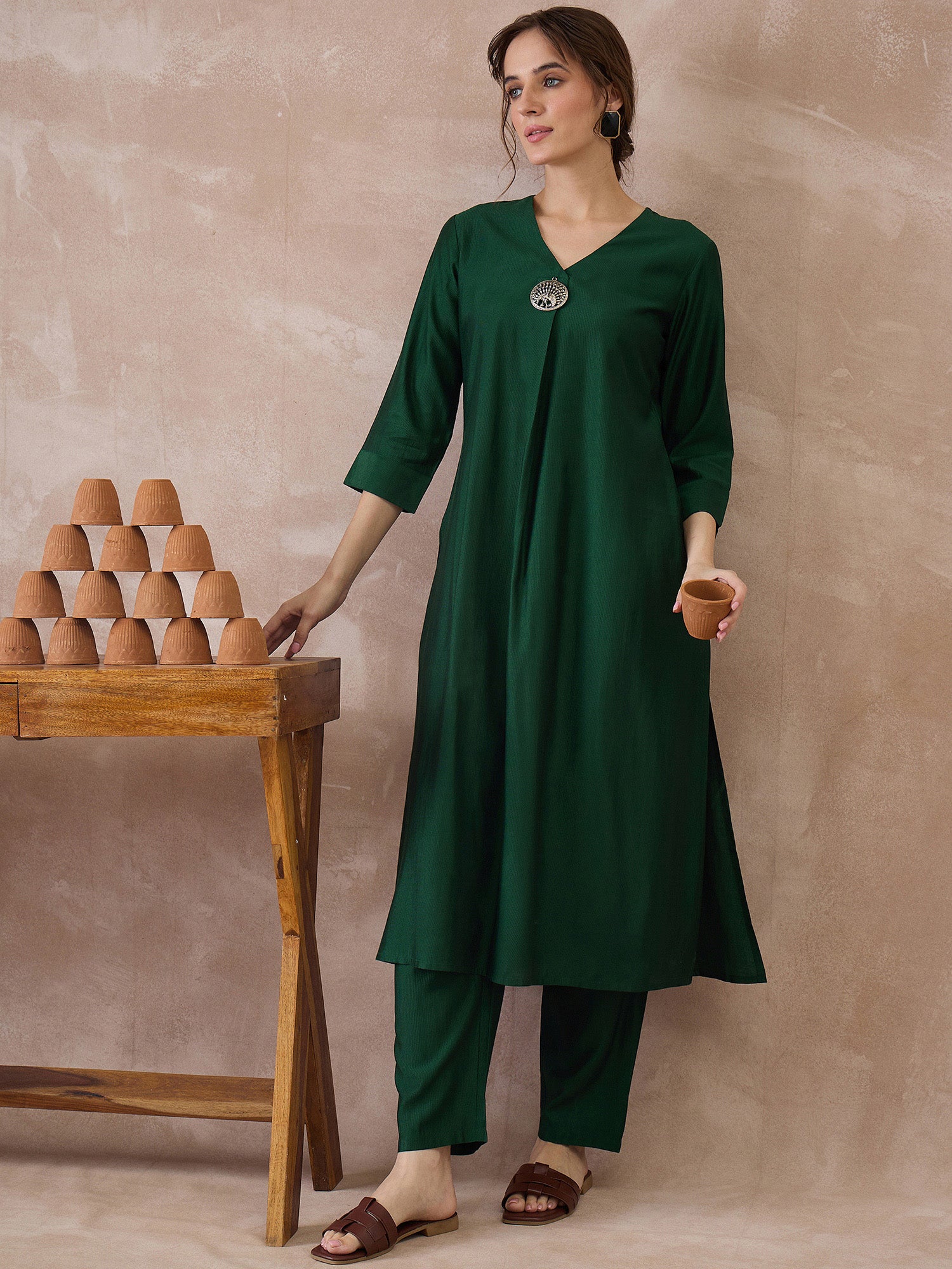 Indo Era Green Solid A-Line Kurta Trousers Set