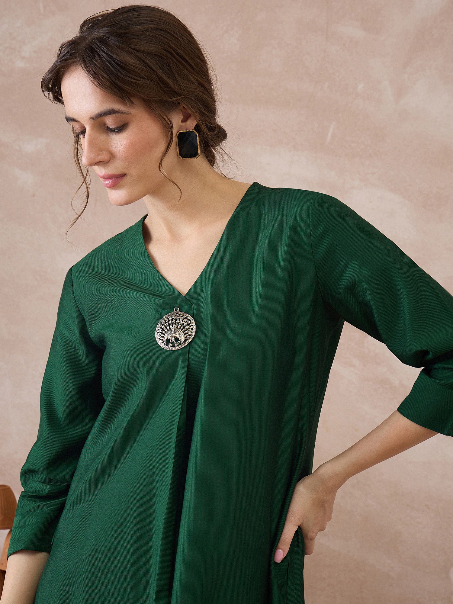 Indo Era Green Solid A-Line Kurta Trousers Set