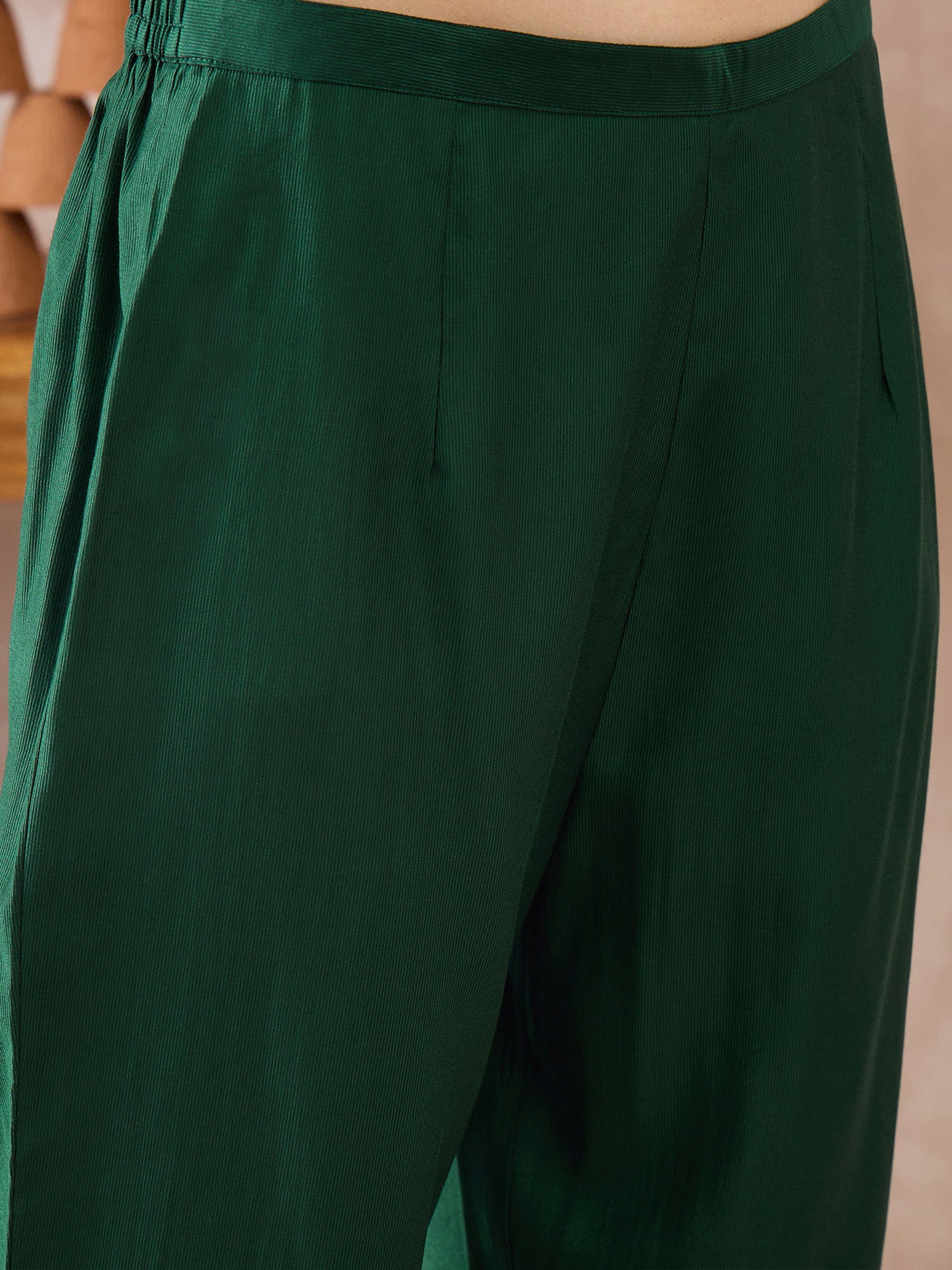 Indo Era Green Solid A-Line Kurta Trousers Set