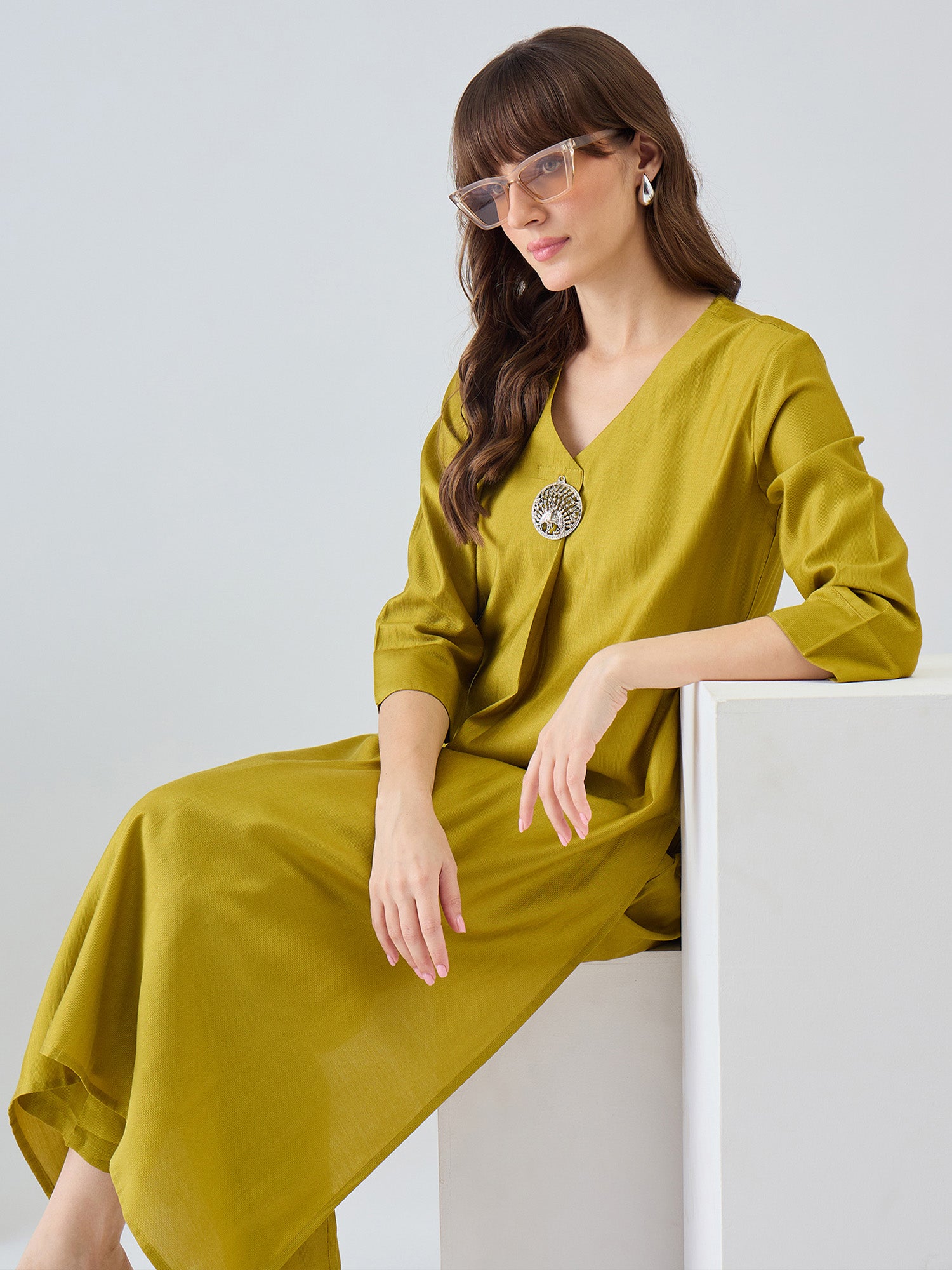 Indo Era Olive Solid A-Line Kurta Trousers Set
