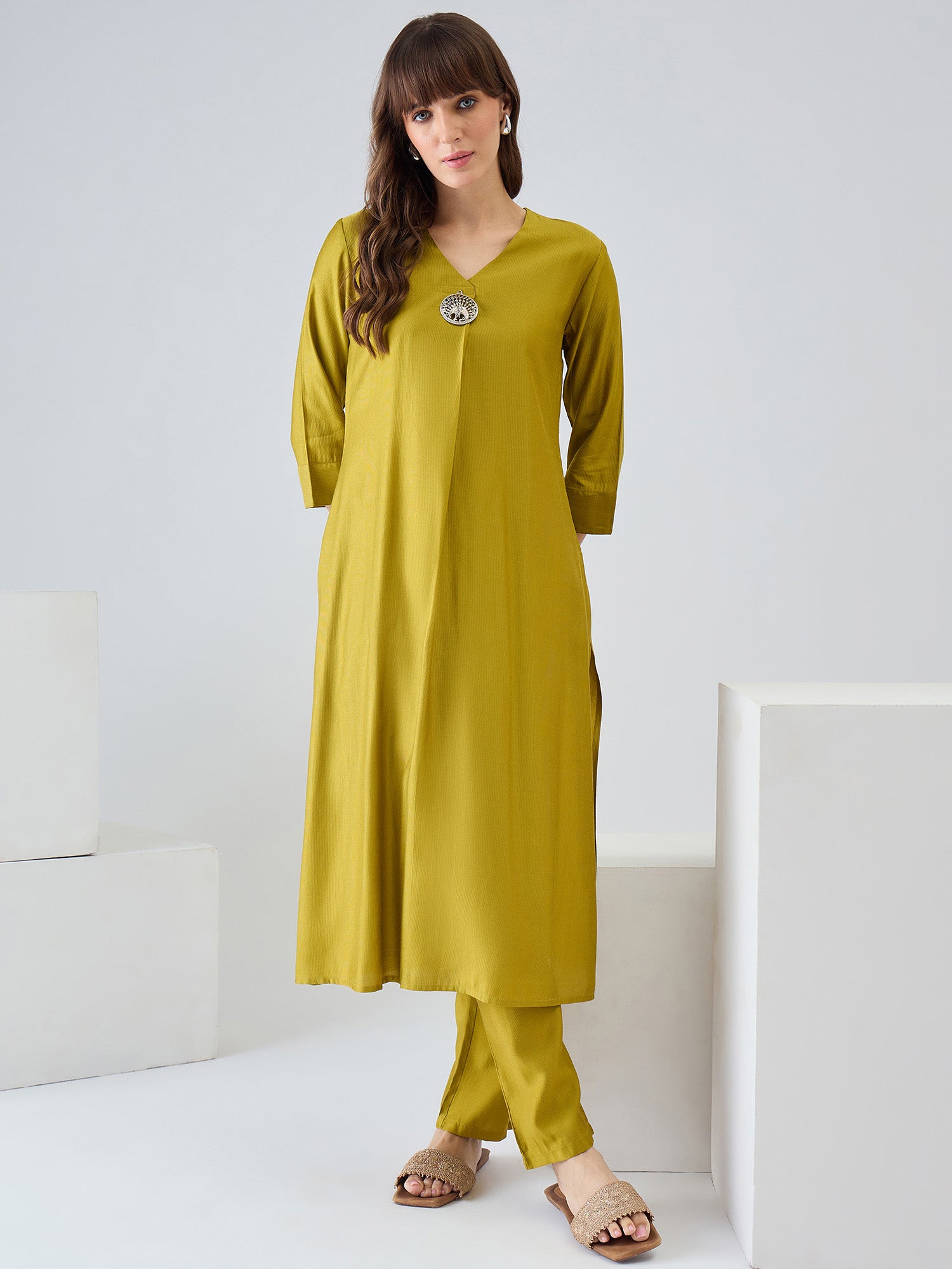 Indo Era Olive Solid A-Line Kurta Trousers Set