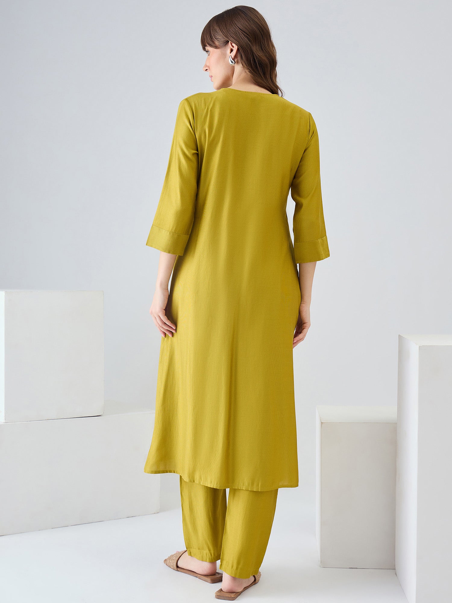 Indo Era Olive Solid A-Line Kurta Trousers Set