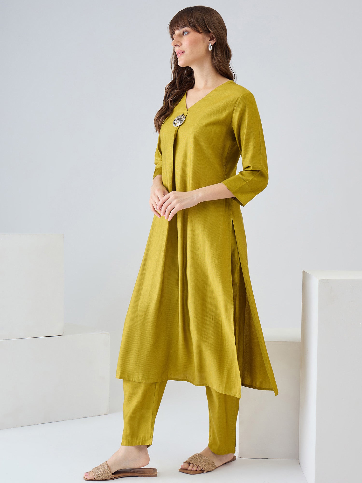 Indo Era Olive Solid A-Line Kurta Trousers Set