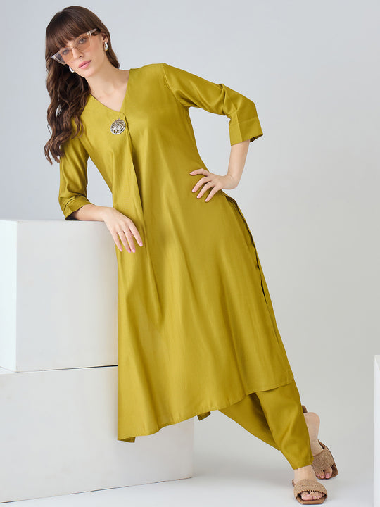 Indo Era Olive Solid A-Line Kurta Trousers Set