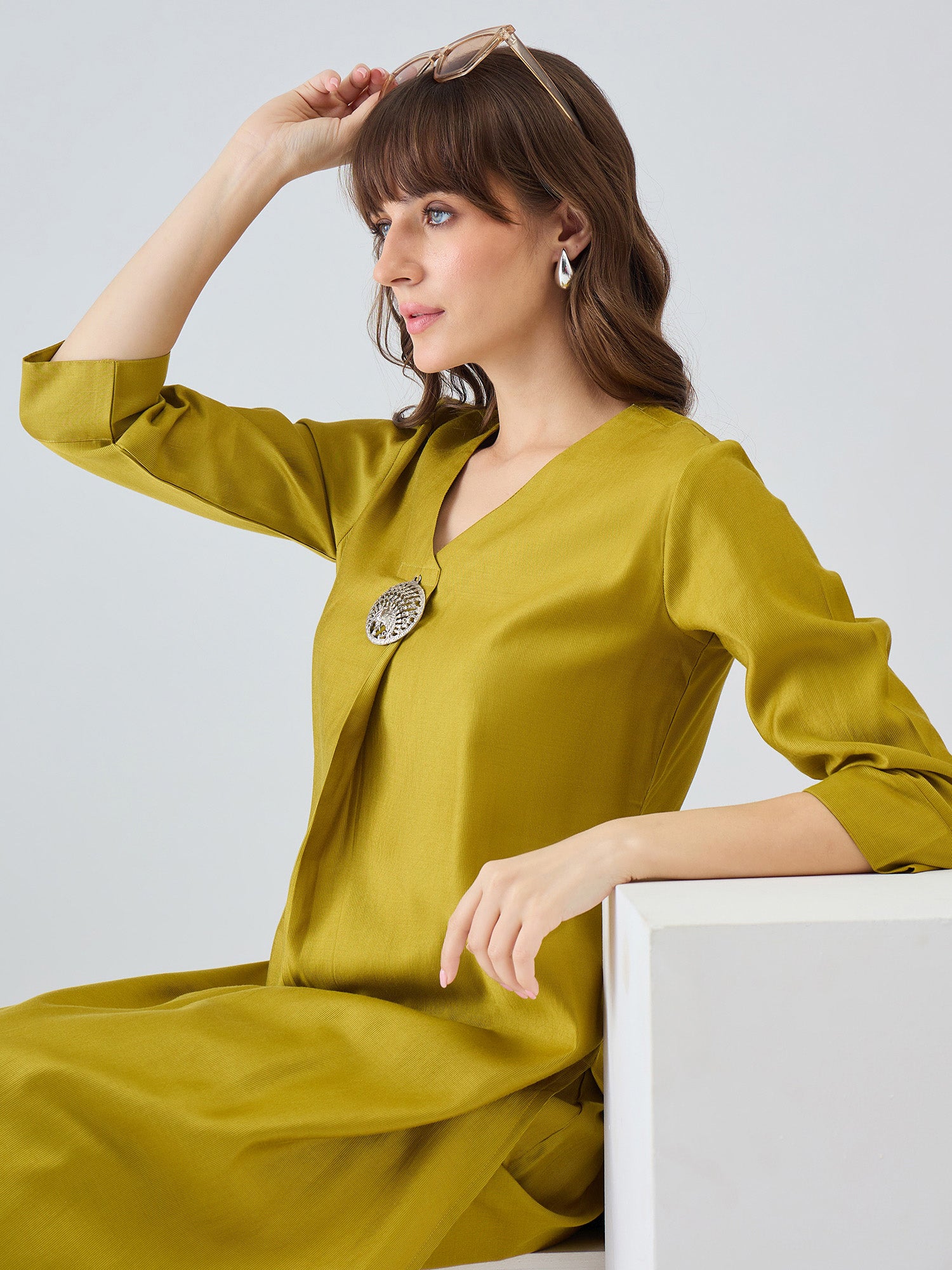 Indo Era Olive Solid A-Line Kurta Trousers Set