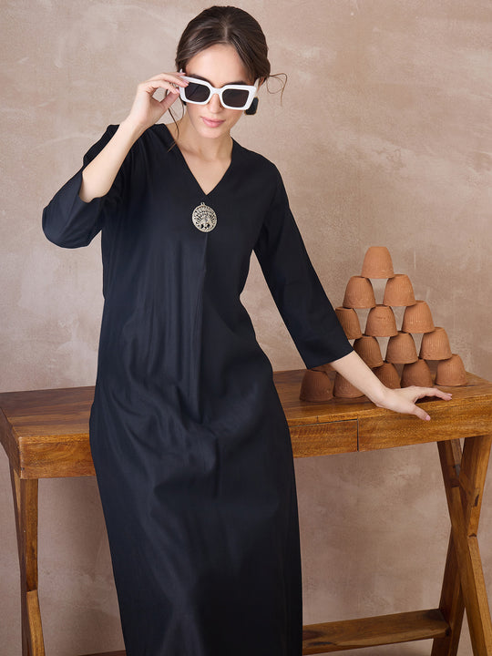 Indo Era Black Solid A-Line Kurta Trousers Set