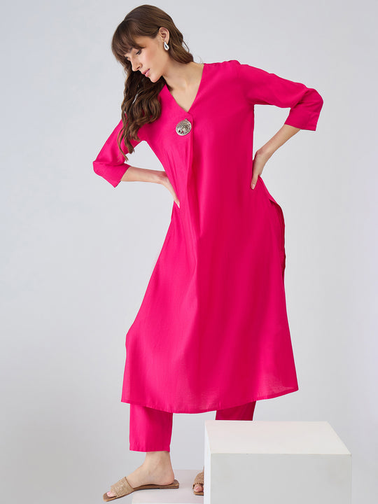 Indo Era Pink Solid A-Line Kurta Trousers Set