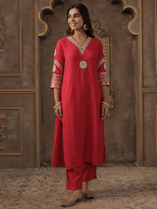 Pink Embroidered Silk Blend Straight Kurta Trouser Set