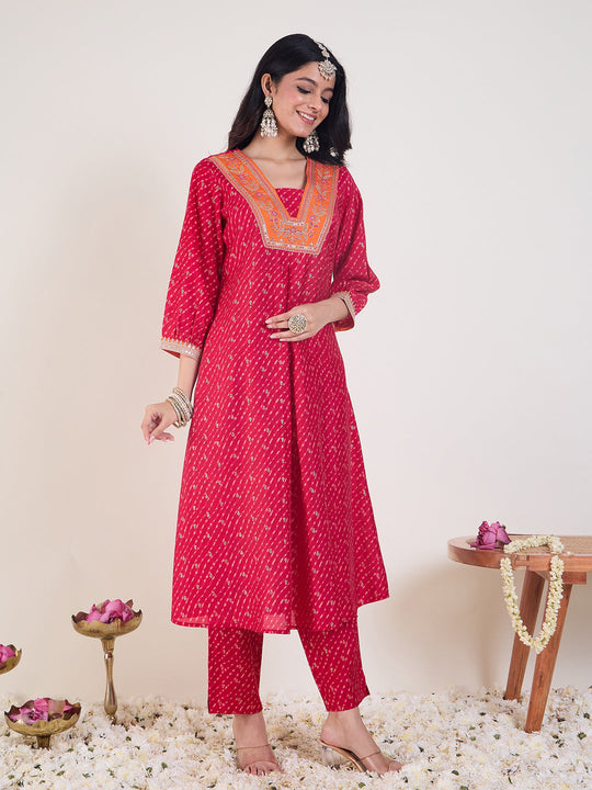 Indo Era Pink Embroidered Straight Kurta Trousers Set