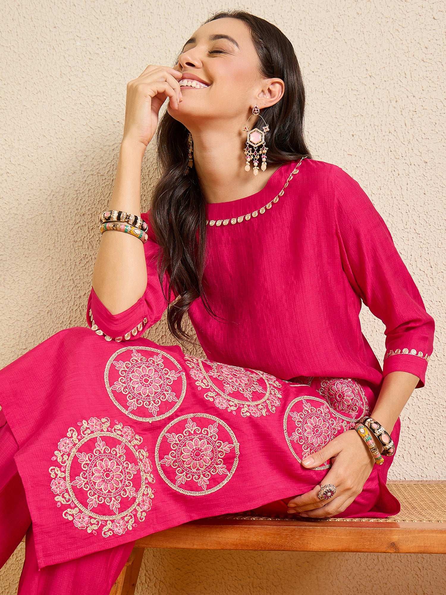 Indo Era Pink Embroidered Straight Kurta Trousers NA Set