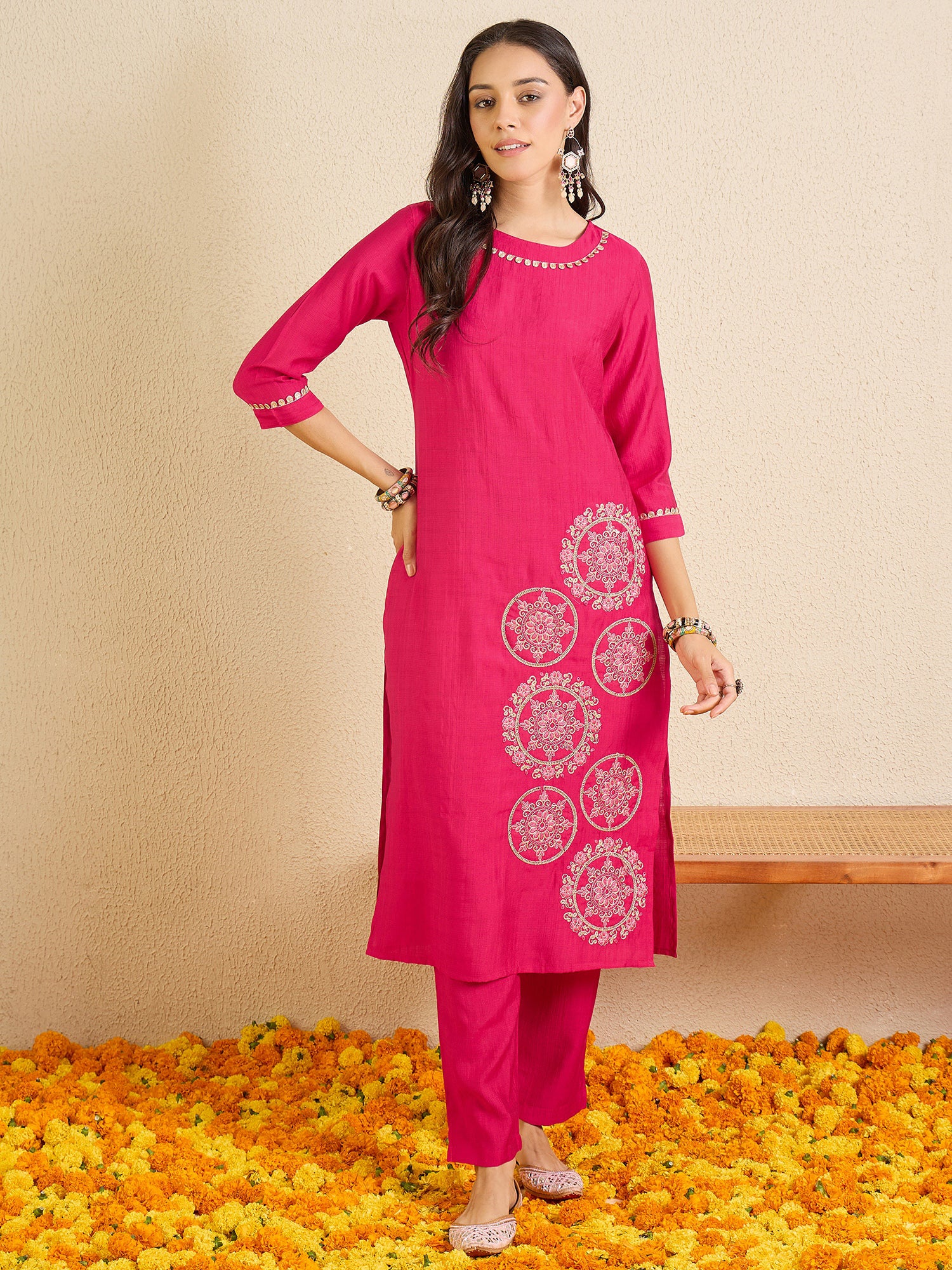 Indo Era Pink Embroidered Straight Kurta Trousers NA Set