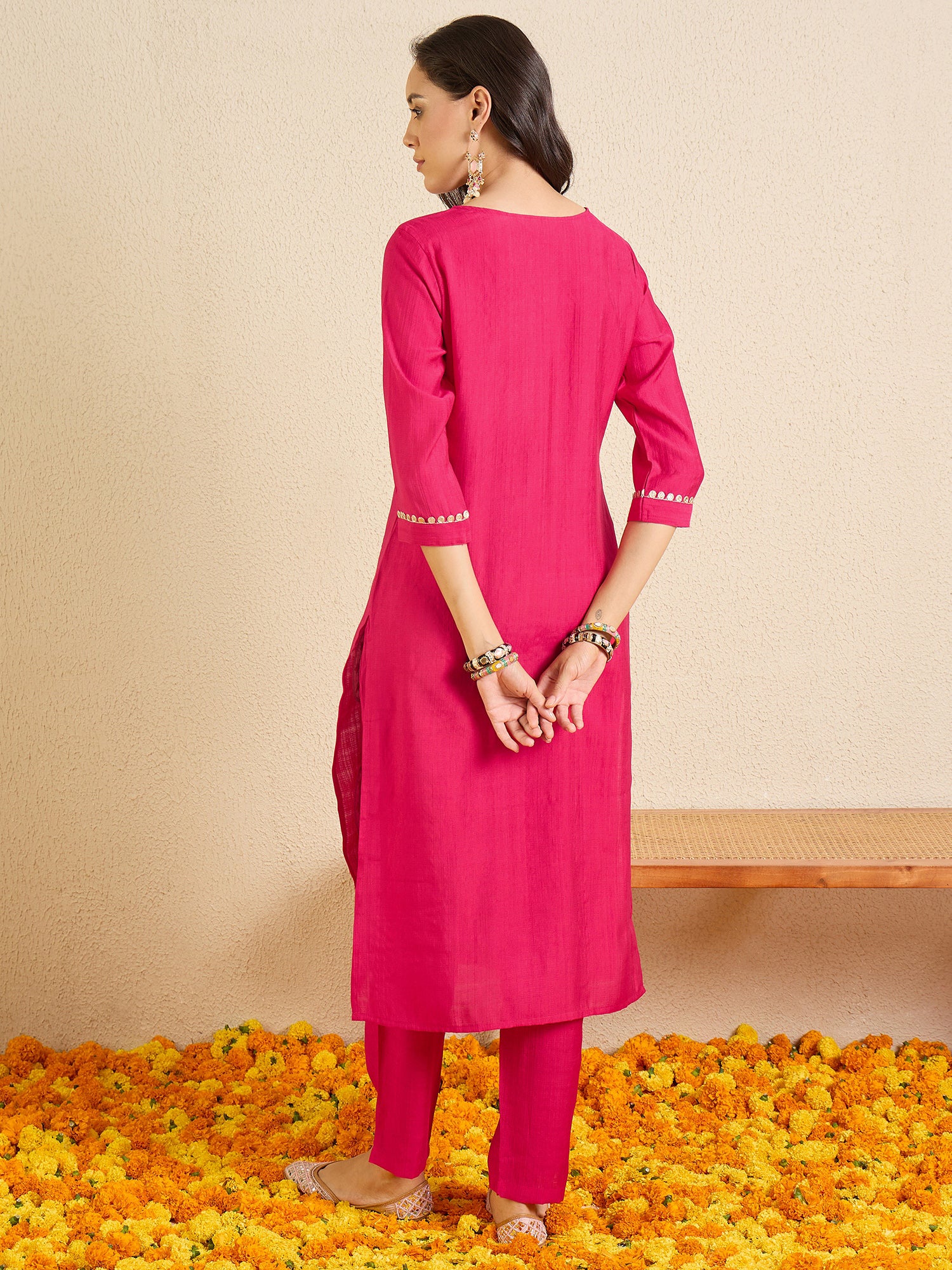 Indo Era Pink Embroidered Straight Kurta Trousers NA Set
