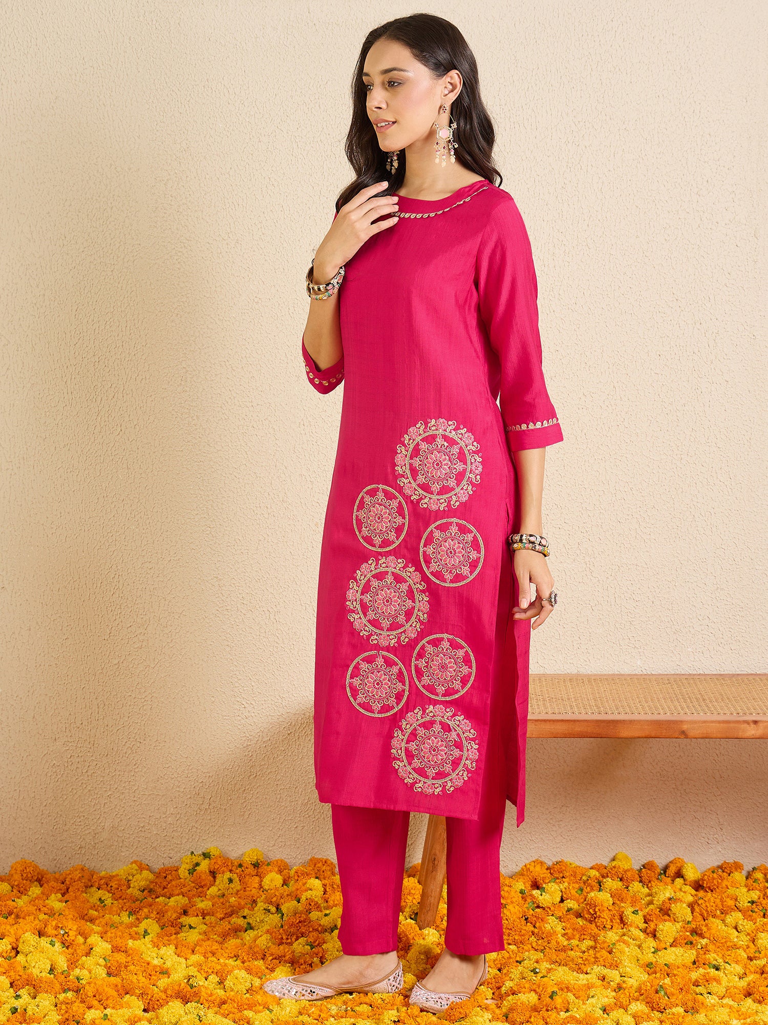 Indo Era Pink Embroidered Straight Kurta Trousers NA Set