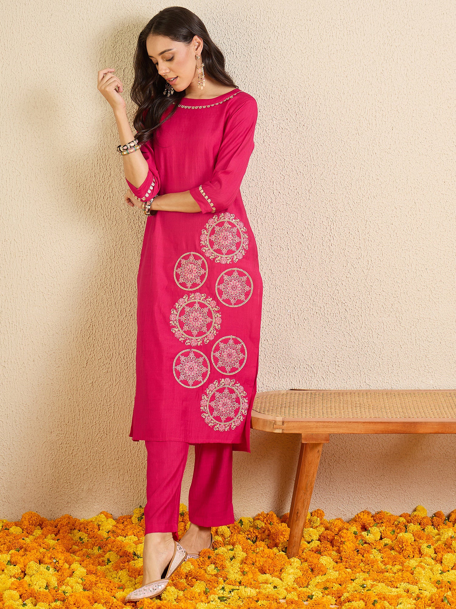 Indo Era Pink Embroidered Straight Kurta Trousers NA Set