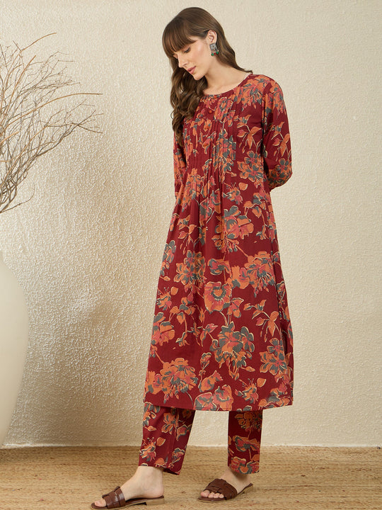 Indo Era Maroon Printed A-Line Kurta Trousers  Set