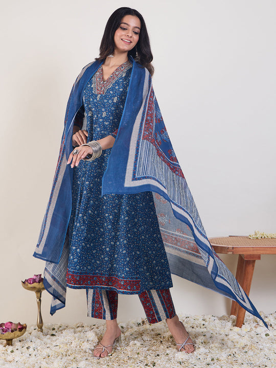 Indo Era Blue Printed A-Line Kurta Trousers With Dupatta set