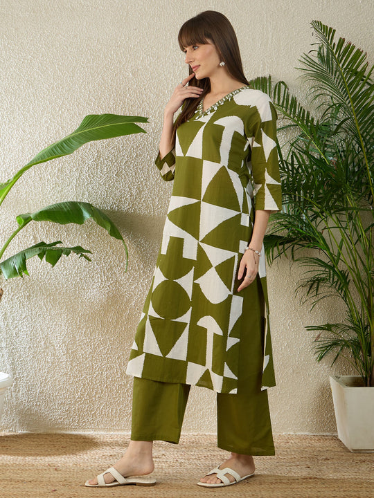 Indo Era Green Printed Straight Kurta Palazzos set