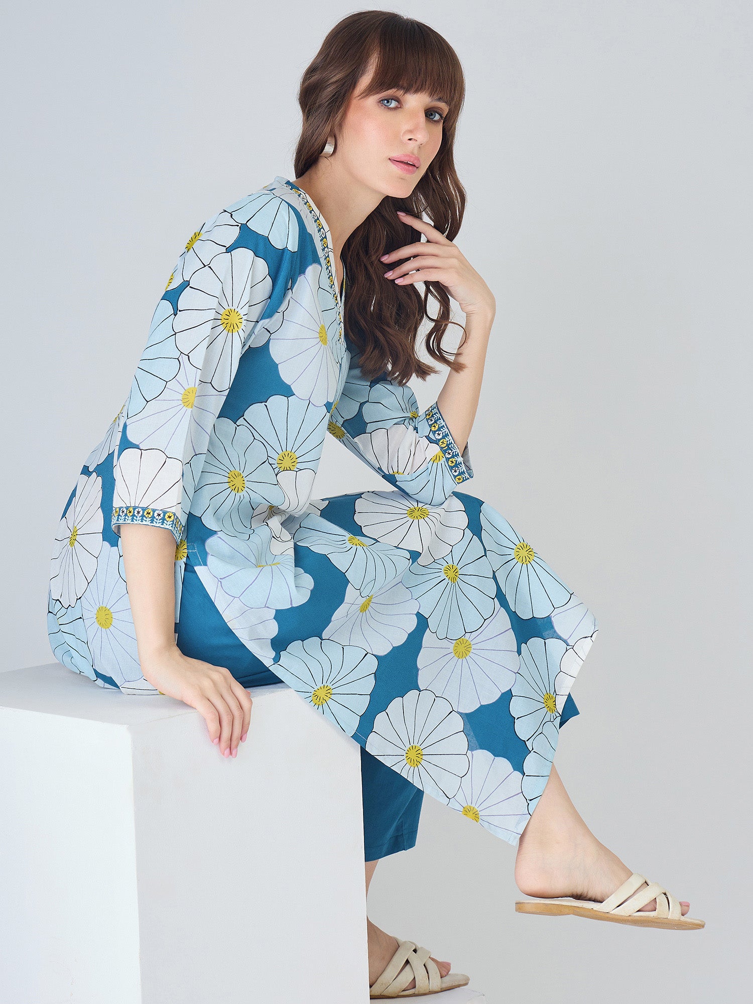 Indo Era Blue Printed Straight Kurta Trousers set