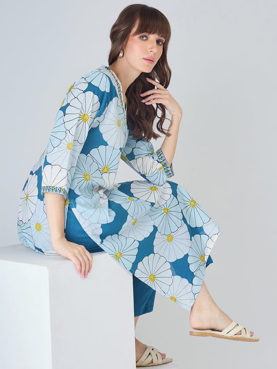 Indo Era Blue Printed Straight Kurta Trousers set