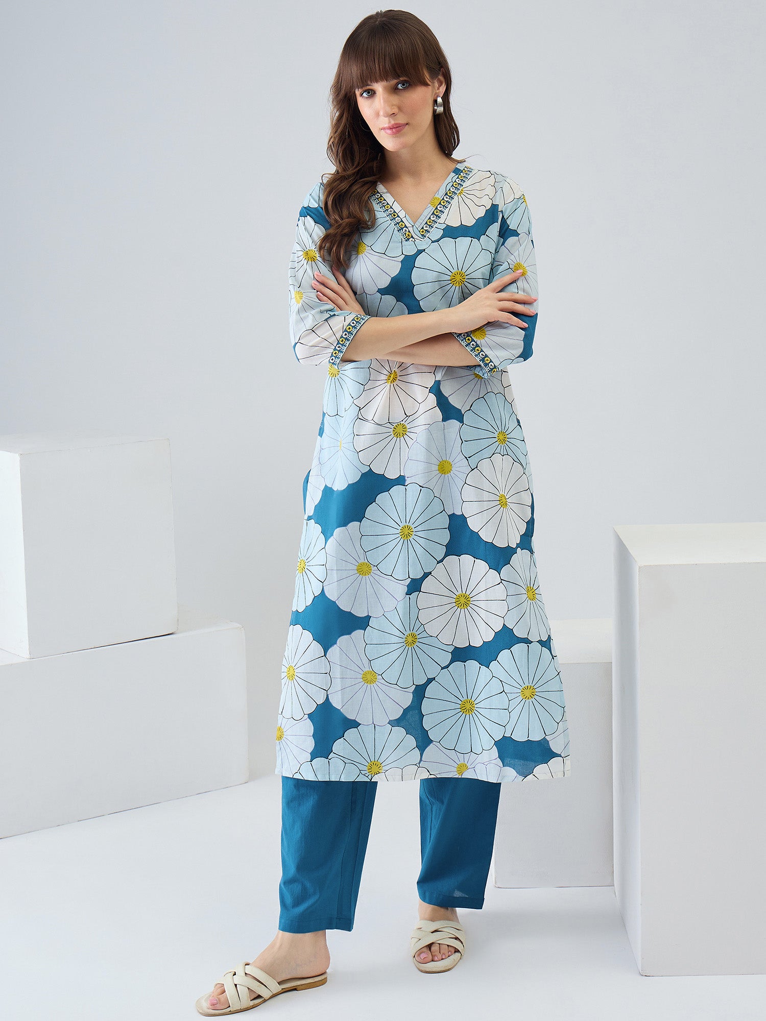 Indo Era Blue Printed Straight Kurta Trousers set
