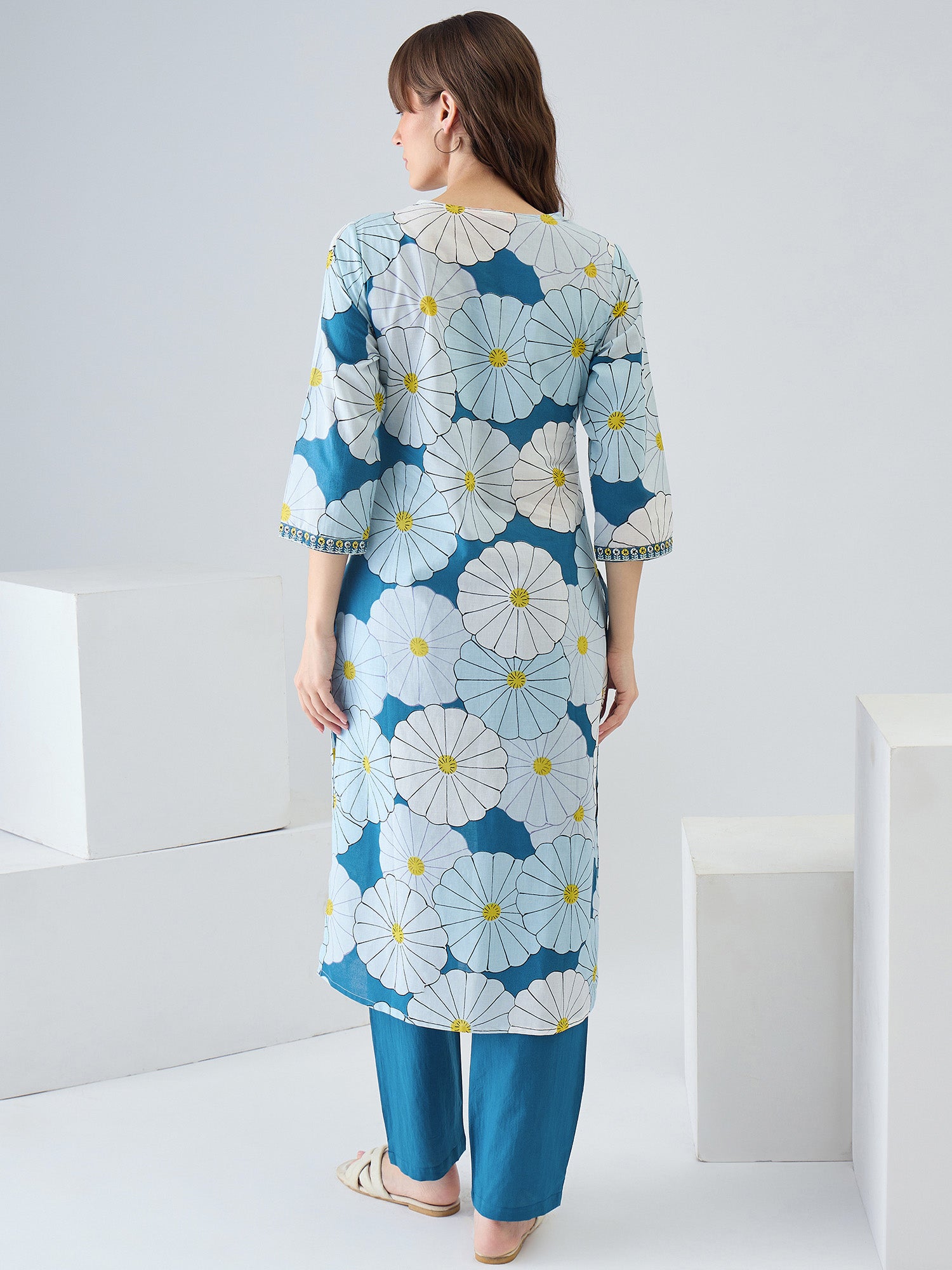 Indo Era Blue Printed Straight Kurta Trousers set