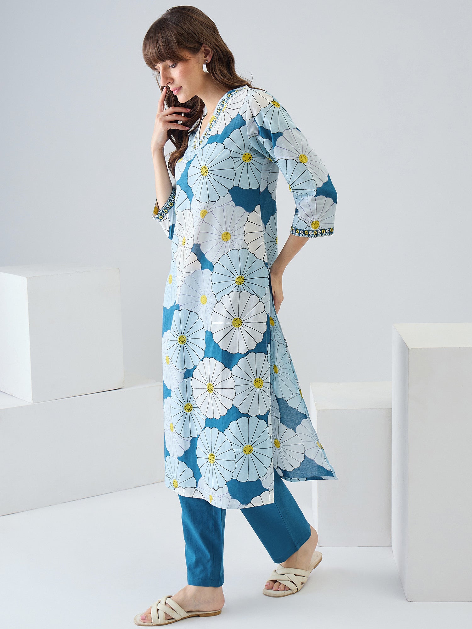Indo Era Blue Printed Straight Kurta Trousers set