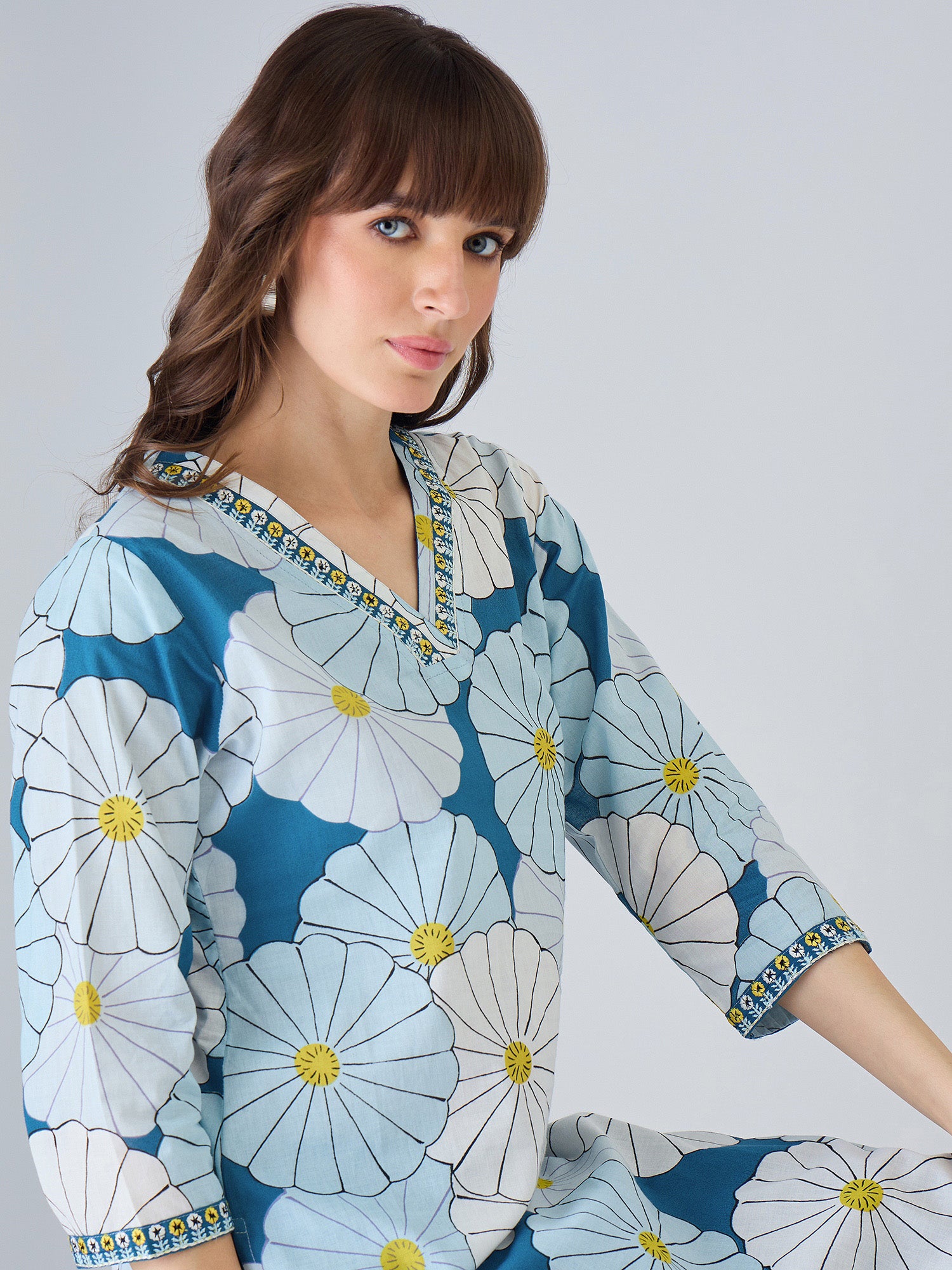 Indo Era Blue Printed Straight Kurta Trousers set