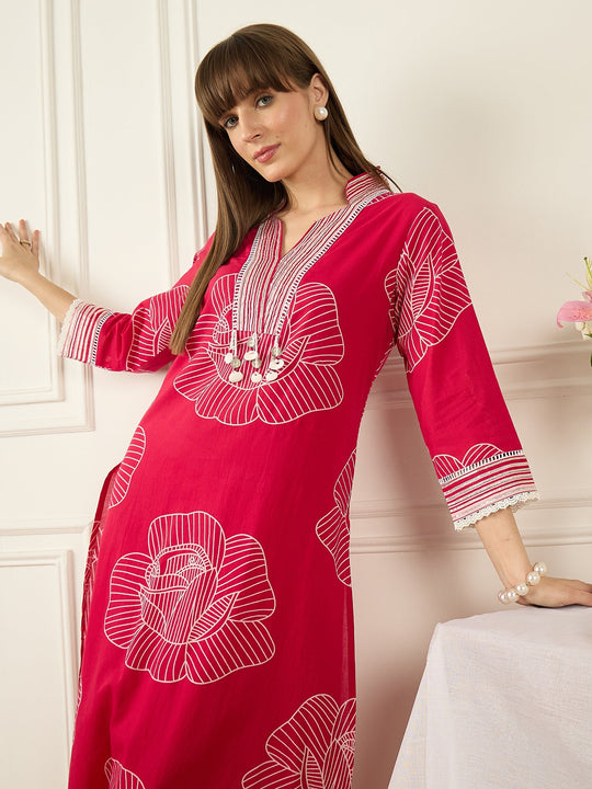 Indo Era Pink Printed Straight Kurta Trousers set
