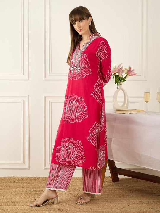 Indo Era Pink Printed Straight Kurta Trousers set