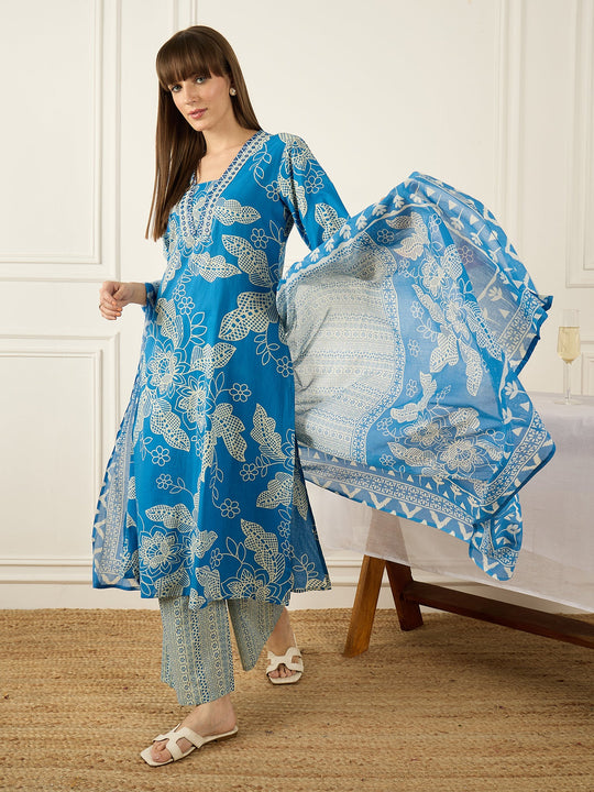 Indo Era Blue Printed A-Line Kurta Trousers With Dupatta set