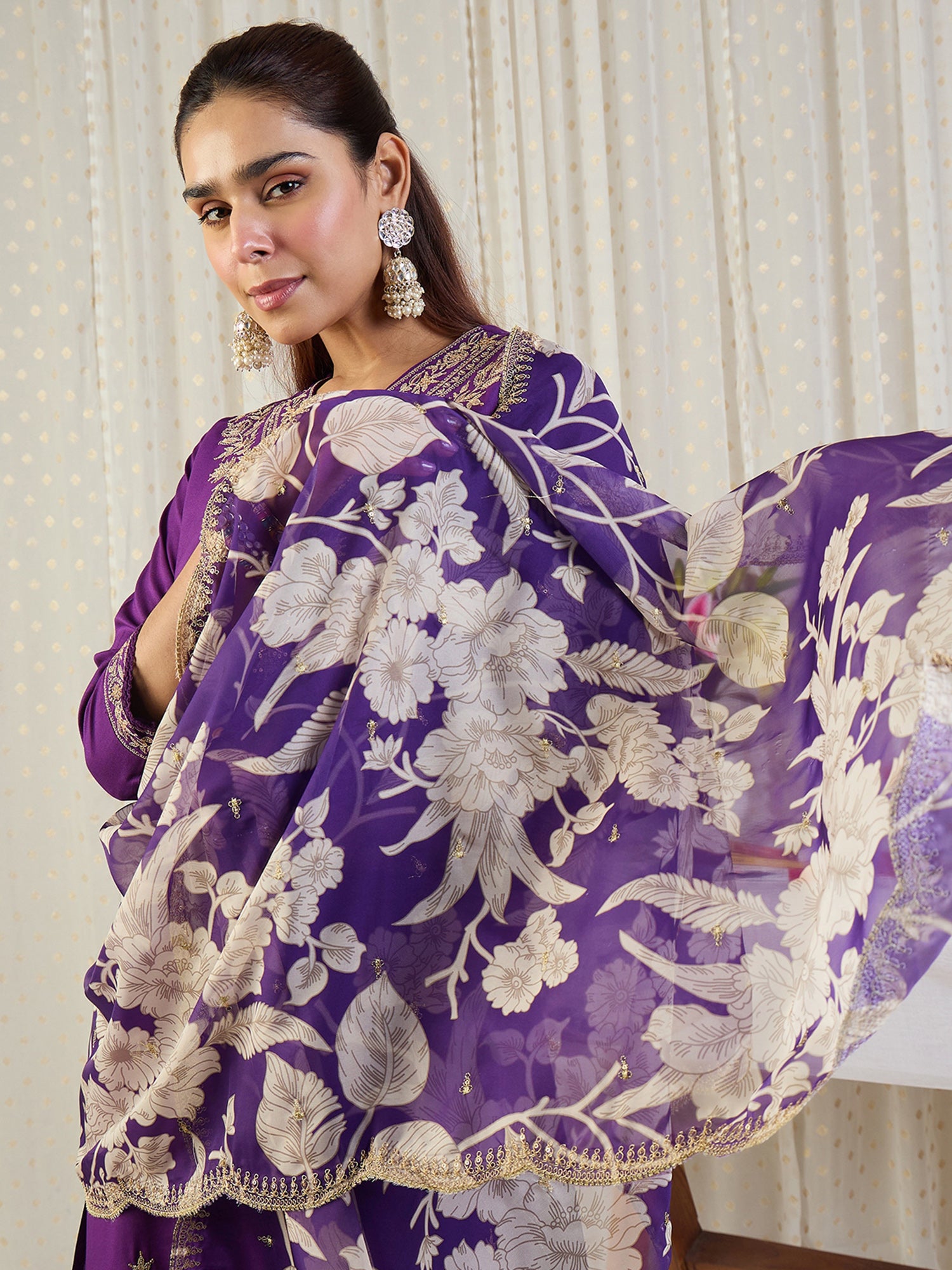 Indo Era Purple Embroidered Straight Kurta Salwar With Dupatta set
