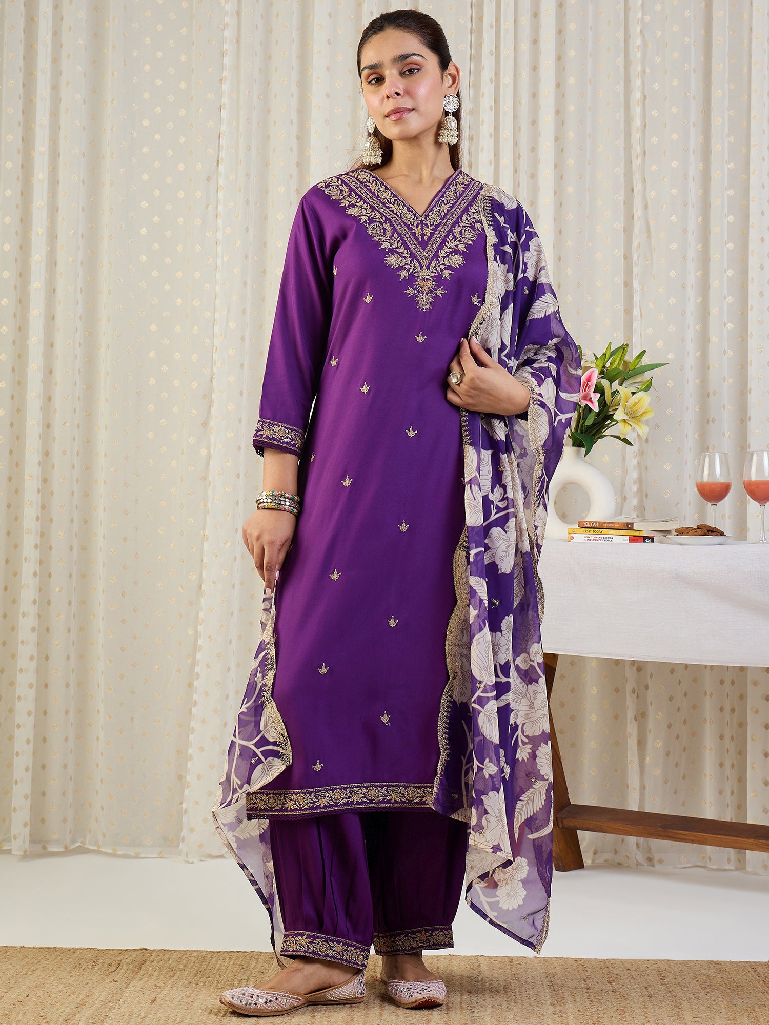 Indo Era Purple Embroidered Straight Kurta Salwar With Dupatta set
