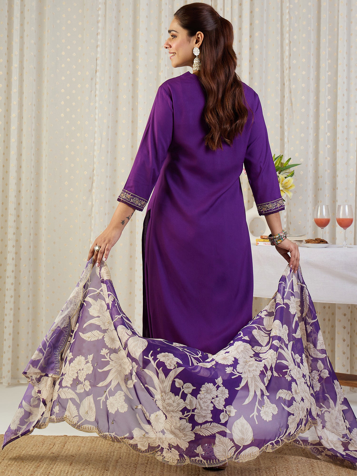 Indo Era Purple Embroidered Straight Kurta Salwar With Dupatta set